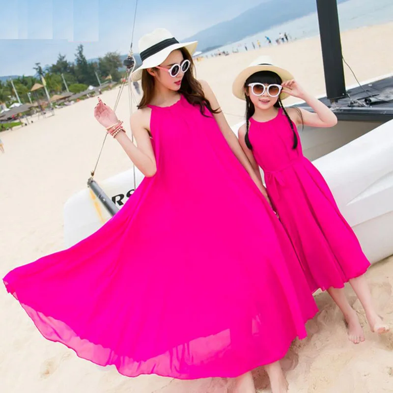 

Шифоновое платье-макси с поясом для мамы и дочки