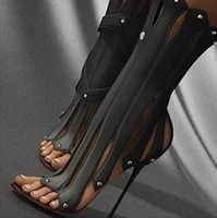 unique design black leather strappy sandals peep toe cut out thin heels lady dress shoes gladiator heels women runway boots