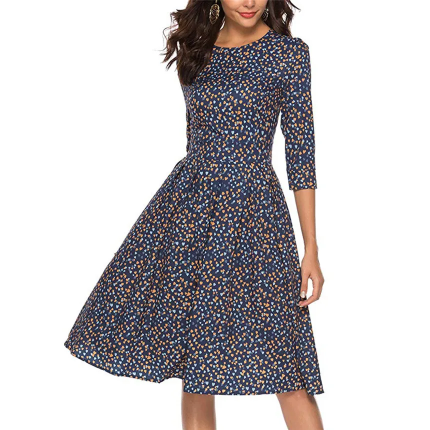 Women's Dress Half Sleeve Floral Vintage Vestidos Fashion Elegant Knee-Length O-neck Casual Dresses | Женская одежда