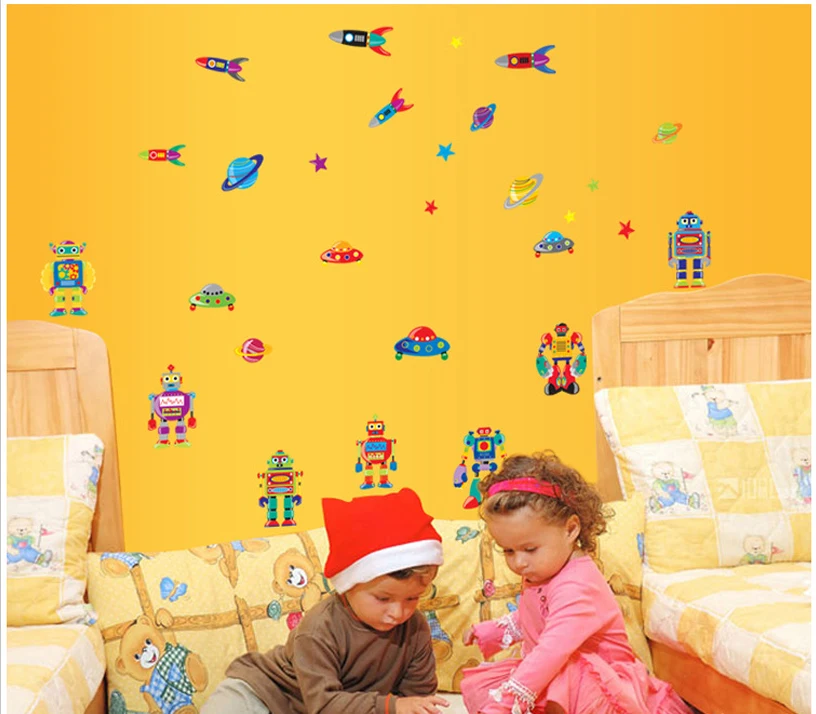 Robot Rocket Star Planet cartoon wall decals Removable stickers kids nursery baby decor children room home decoration | Дом и сад