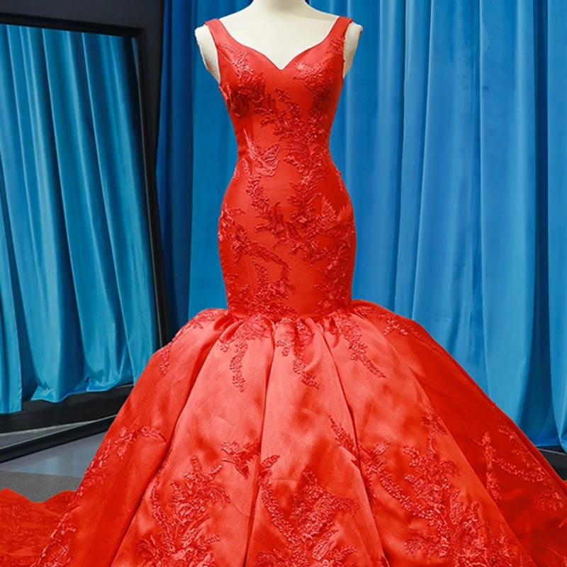 J66785 jancember mermaid evening dresses V-neck red wedding party trumpet dresses pengant merah pleat robe rouge satin court