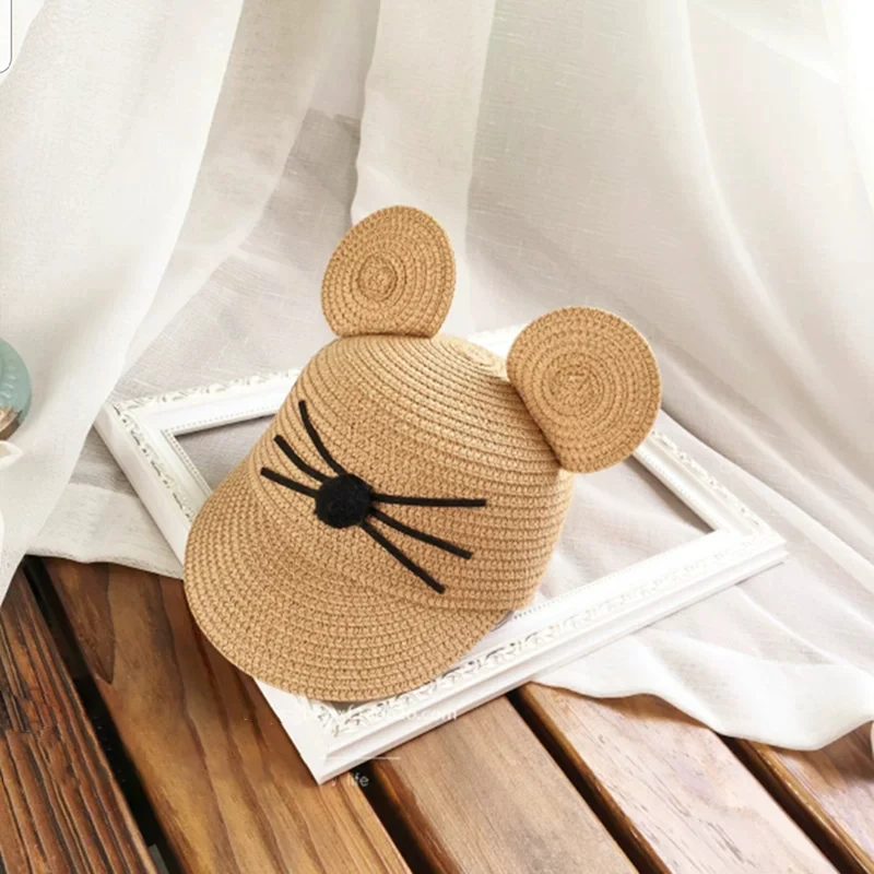new Summer big ears baby cats hat cute children sunscreen shade sun hat Bucket cap Cartoon image straw hat girl Breathable