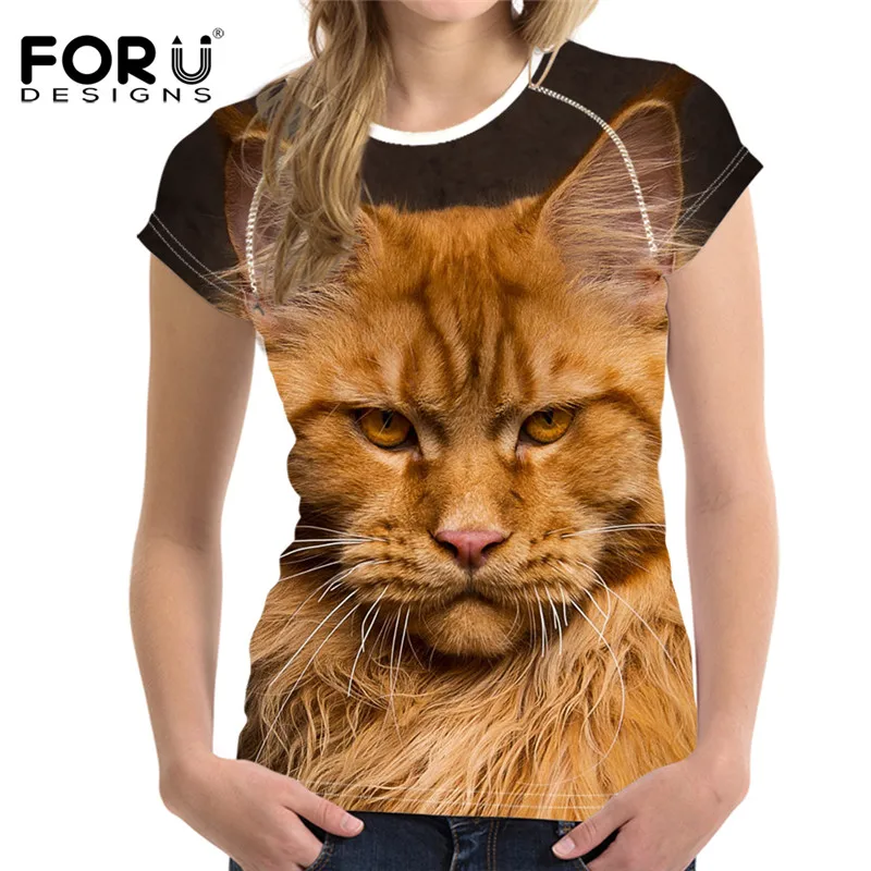 FORUDESIGNS/летние дышащие женские футболки с милым рисунком кота коротким рукавом