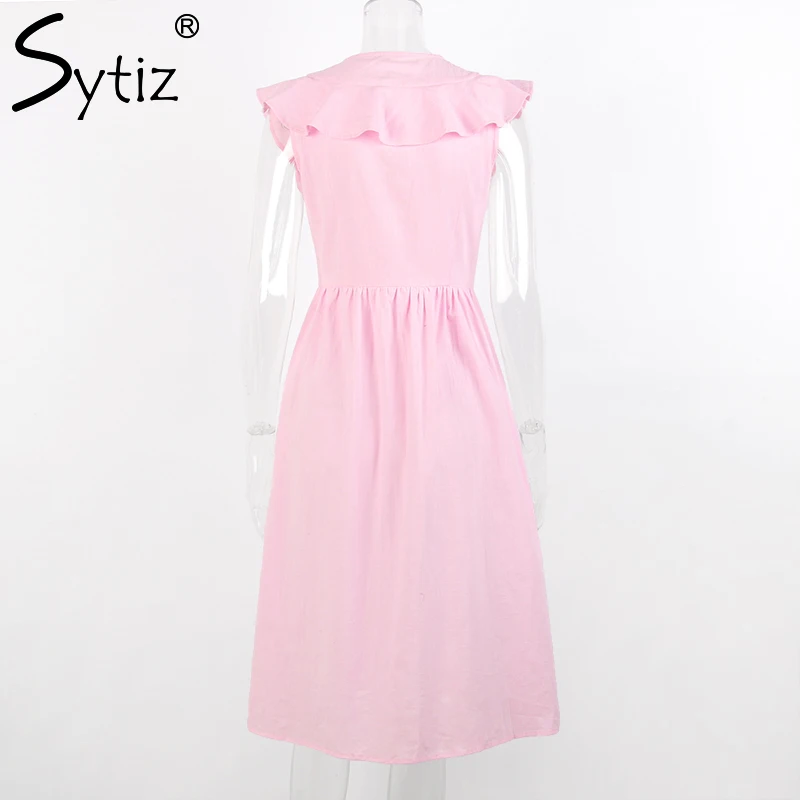 Sytiz Pink Sweet Ruffles Dress Women 2018 Spring Summer Casual Sleeveless Button Vestidos Mid-Calf Sexy A-Line Dresses | Женская одежда