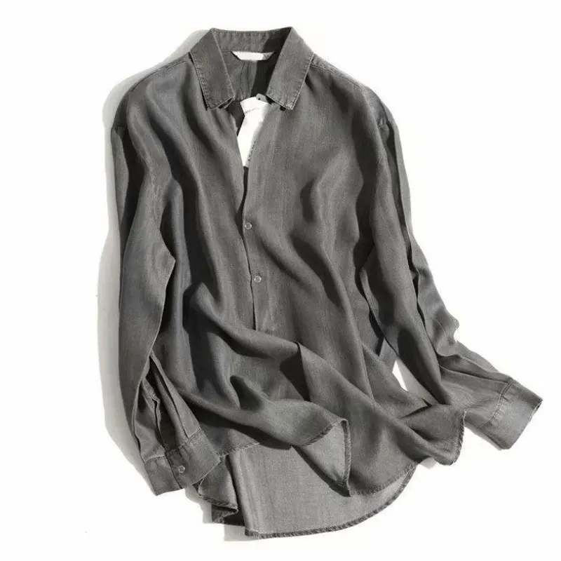 grey Новинка, мягкая джинсовая рубашка Lysell Tencel с v-образным вырезом, Повседневная Свободная Высококачественная блузка для женщин, femme blusas feminino manteau hiver Plus - Цвет: grey