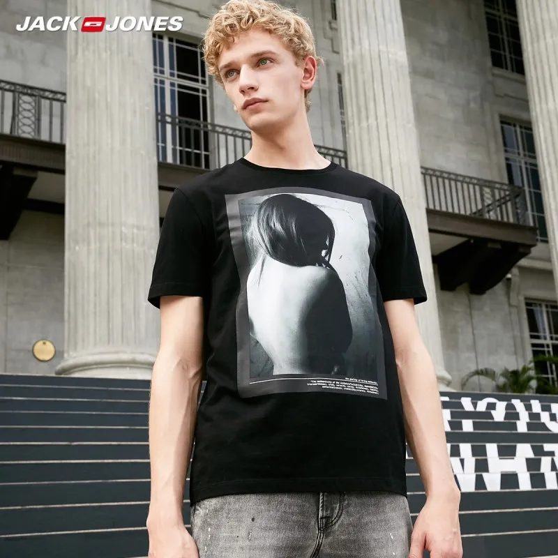 Мужская футболка JackJones черная прямого силуэта из 100% хлопка с принтом и круглым