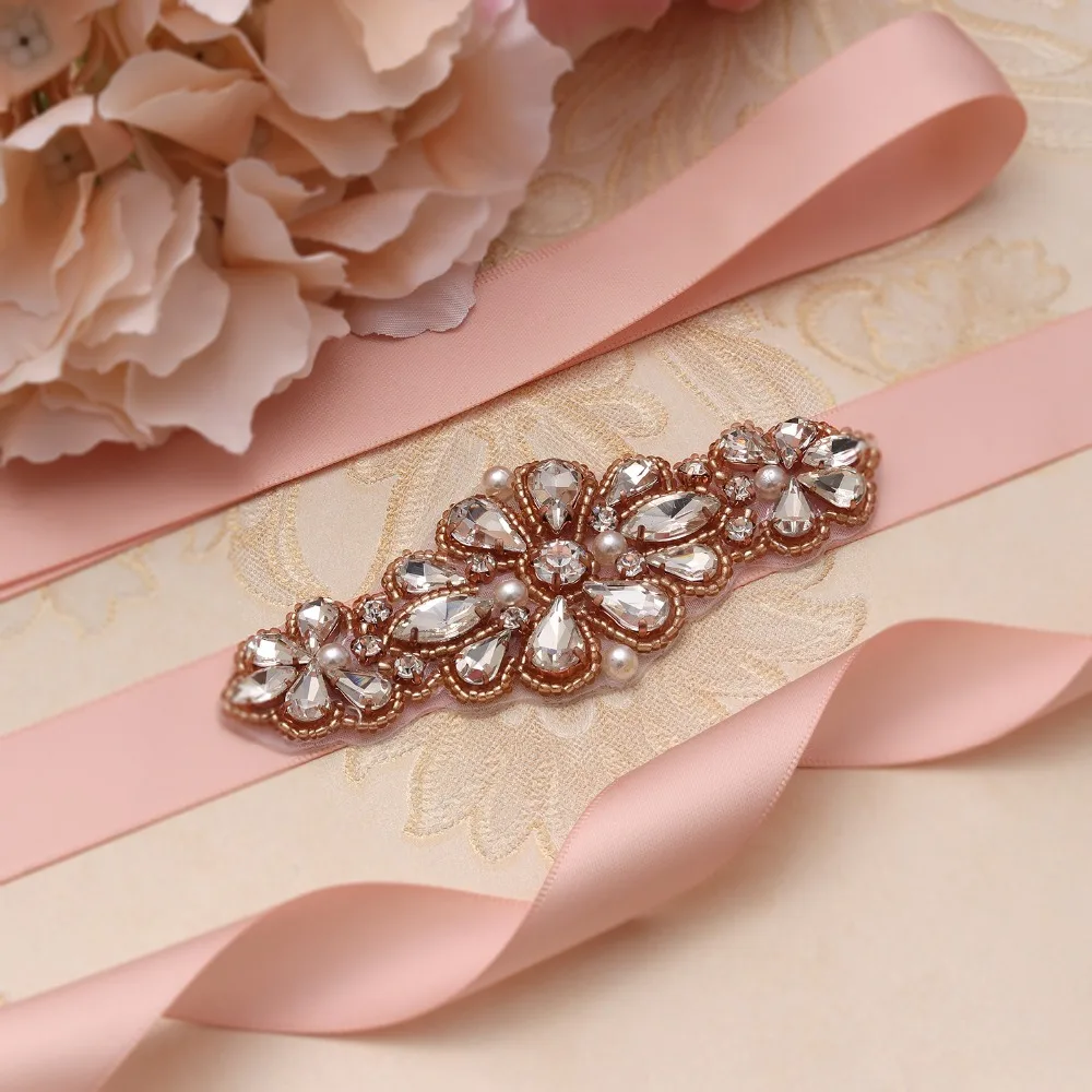 Yanstar розовое золото Кристалл Свадебный Пояс Стразы пояс невесты с лентами жемчуг
