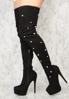 

Black Flock Leather White Pearls Decoration Winter Boots Fashion Over The Knee High Heel Booties Side Zipper Platform Shoes