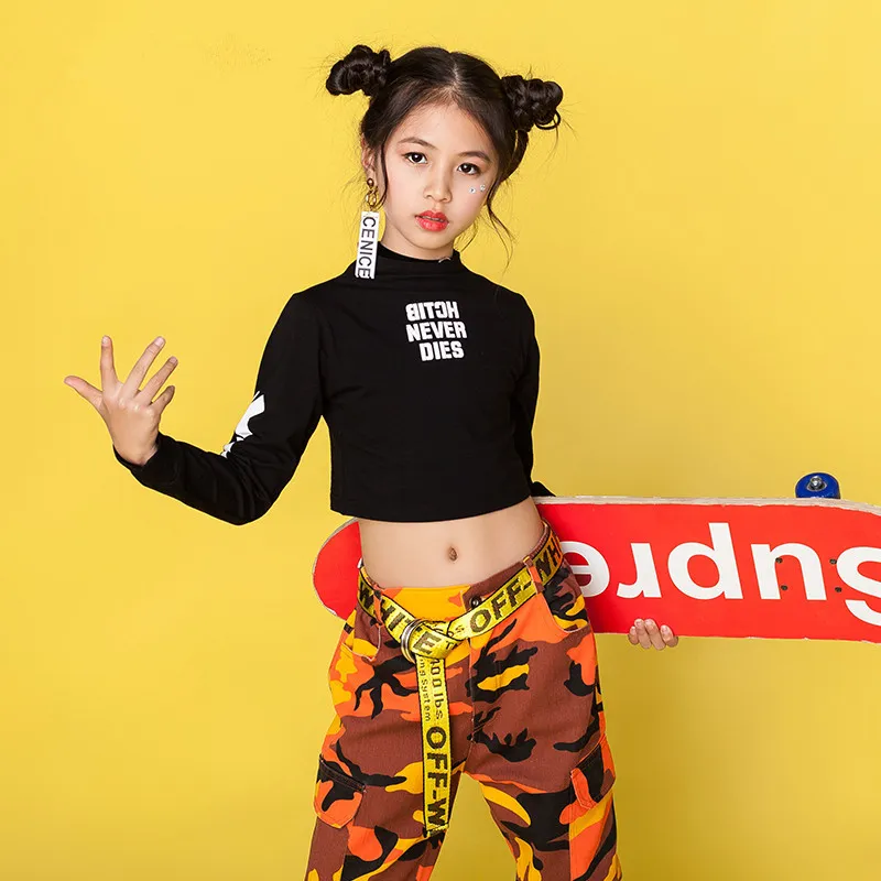 Детские костюмы для джазовых танцев черный топ с длинными рукавами и камуфляжные