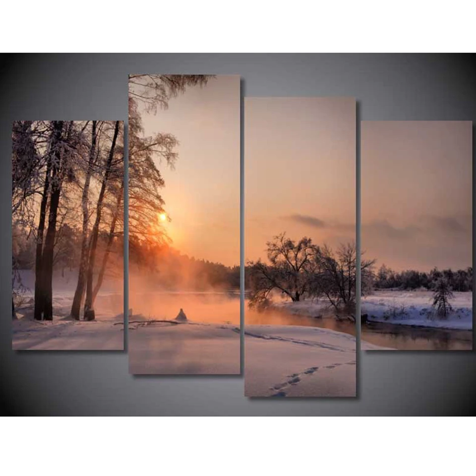 4 Panel Snowy Forest 5D Diamond Embroidery peony Full square Mosaic stickers diamond painting Cross Stitch home decor | Дом и сад