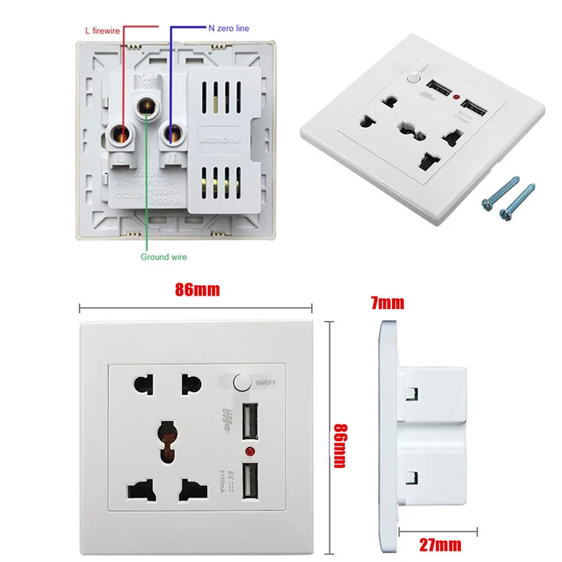 Универсальное настенное зарядное устройство 2100mA 5V 2 USB AC 110-250V США Великобритания