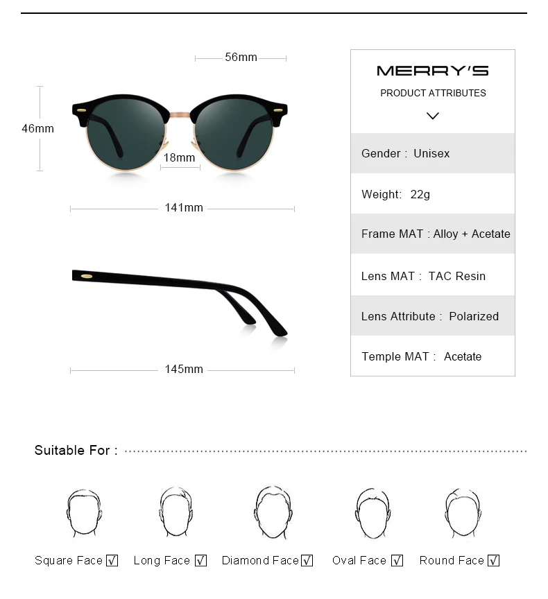 MERRYS DESIGN Men Women Classic Retro Rivet Polarized Sunglasses Unisex Glasses Fashion Male Eyewear UV400 Protection S8054N