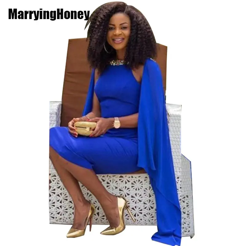 Африканские ярко синие вечерние платья длиной до колена Украшенные бусинами и