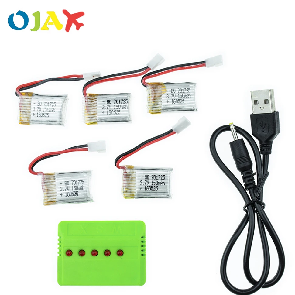 5 шт. Аккумулятор LiPo для квадрокоптера Drone 3.7V 150mAh 701725 + набор зарядного устройства для Eachine H8 JJRC Mini Syma S107g X2 Nihui U207 H2