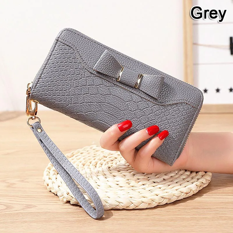 Grey Модные женские кошельки с бантом Женская барсетка с ремешком на руку Сумочка карман для карт ID держатель портмоне хорошее качество длинные женские кошельки на молнии - Цвет: Grey