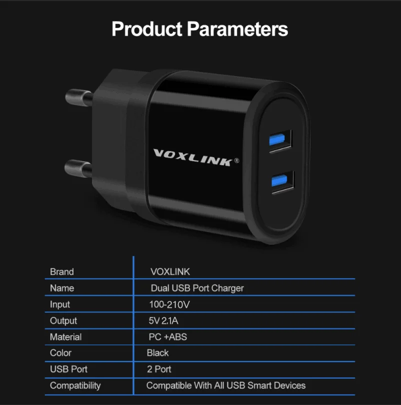 VOXLINK USB зарядное устройство адаптер для iPhone 5V 2.1A настенное/дорожное портативный