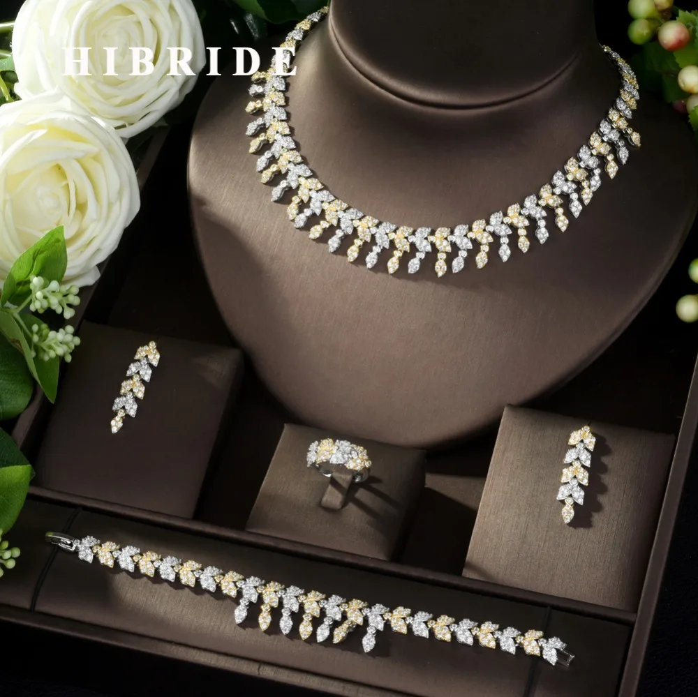 

HIBRIDE Luxury Women Jewelry Leaf Shape Bridal CZ Necklace Earrings Bracelet Ring 4pcs Big Wedding Jewelry Sets for Bride N-977