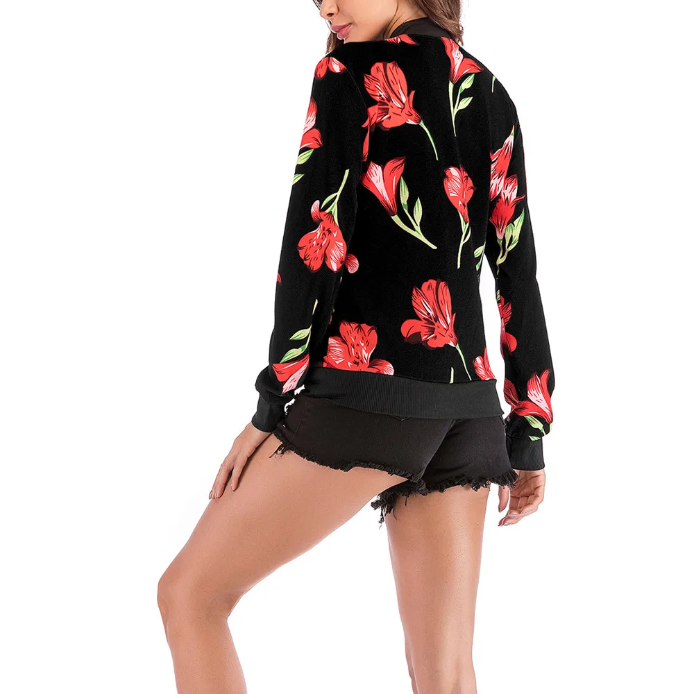 

Women's Floral Print Blouse Fashion Baseball Coat Zipper Jacket