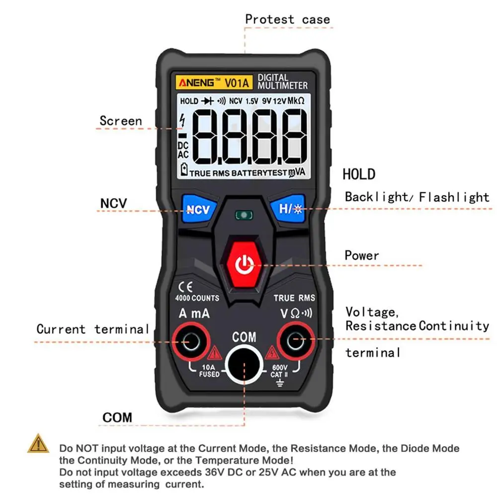 ANENG V01A Telt Digitale мультиметр тестер True RMS intelligente NCV AC/DC гаечный Stroom Ohm тестовый