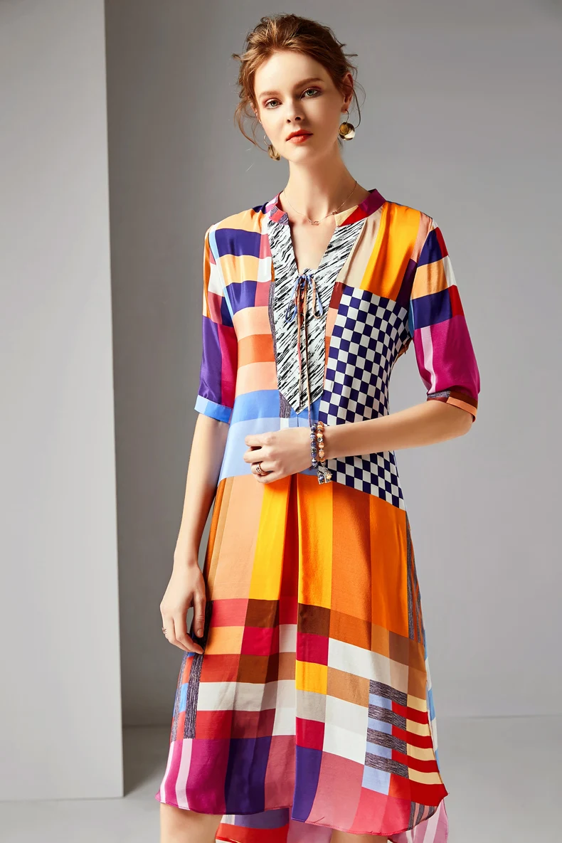 2019 100% шелковые женские подиумные платья с круглым вырезом и короткими рукавами