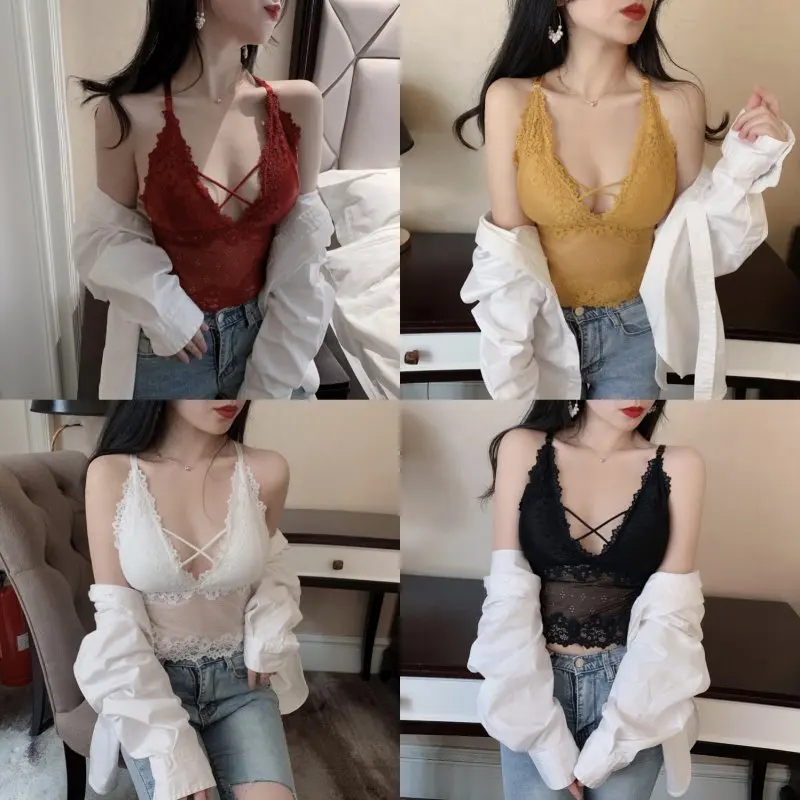 Женский Кружевной укороченный топ с чашками пуш ап и V образным вырезом|Майки| |