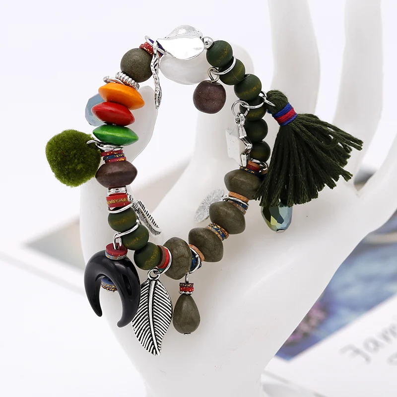 ALLYES Green Wooden Beads Bracelets for Women Jewelry Bohemian Vintage Wool Ball Alloy Leaves Charms Bracelet Femme | Украшения и