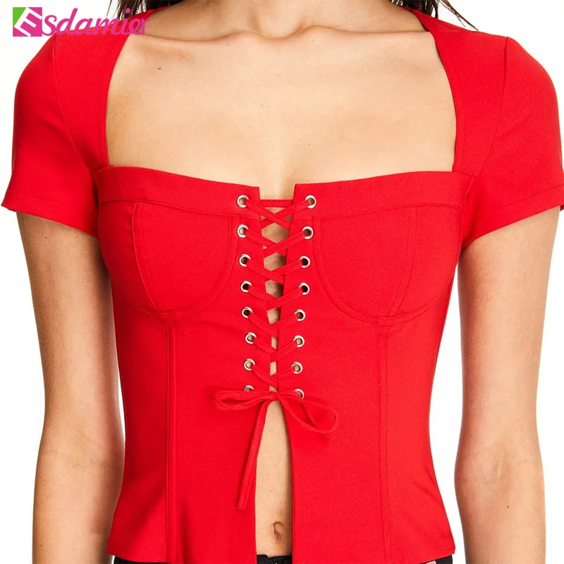 red crop top ESDAMIER, летний сексуальный женский бандажный укороченный топ, черный, белый, на шнуровке, квадратный воротник, футболка, женская, короткий рукав, базовый топ - Цвет: red crop top