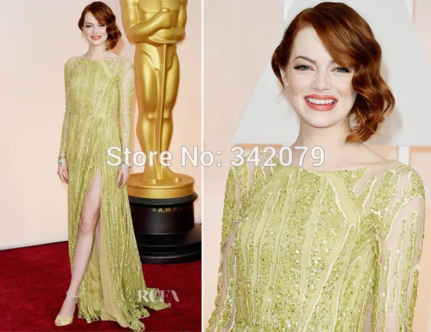 Ph15455 2015 Оскар зеленовато-желтый бисером длинными рукавами Elie Saab Couture платье Эмма