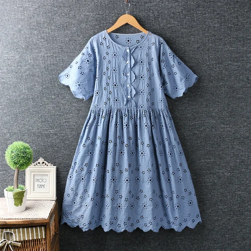blue Милое летнее платье в стиле Mori Girl с вышивкой и оборками, с коротким рукавом, женское хлопковое свободное платье, хиппи, бохо, женские длинные платья, Vestidos - Цвет: blue