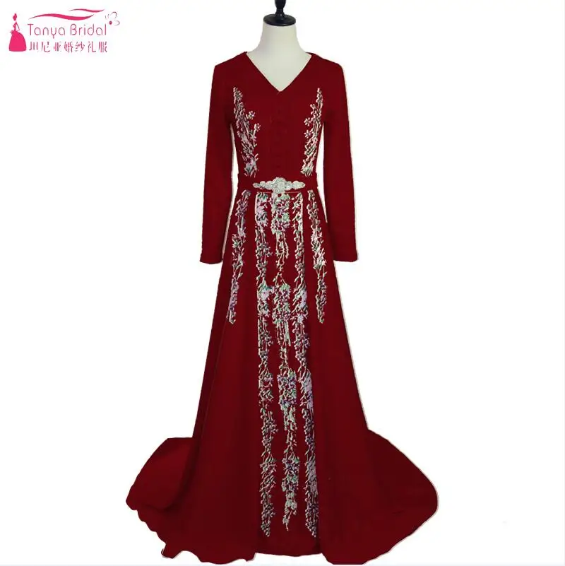 Burgundy Элегантное мусульманское вечернее платье марокканский кафтан Robe De Soiree Дубай Кружевная аппликация торжественное платье с длинным рукавом платье на выпускной - Цвет: Burgundy