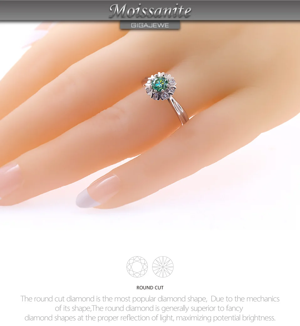 GIGAJEWE Moissanite кольцо 0.4ct 5 мм круглая огранка Зеленый Цвет 925 Серебро Золото многослойное покрытие модный символ любви подарок подруге
