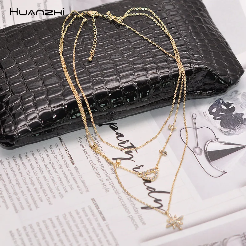 HUANZHI 2019 личность с блестящими звездами Комплект из подходящих сердце ожерелье