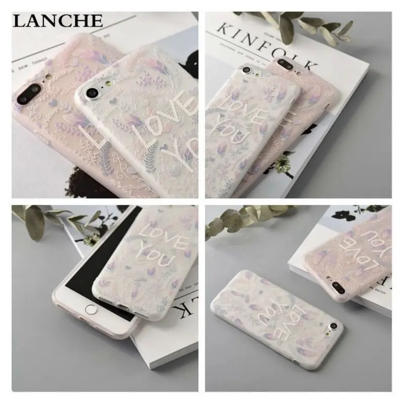 LANCHE Ultrathin TPU Phone Cases For iPhone 6 6S Plus 6Plus 7 7Plus Case Transparent Silicone Frosted Feather Flower Back Cover |