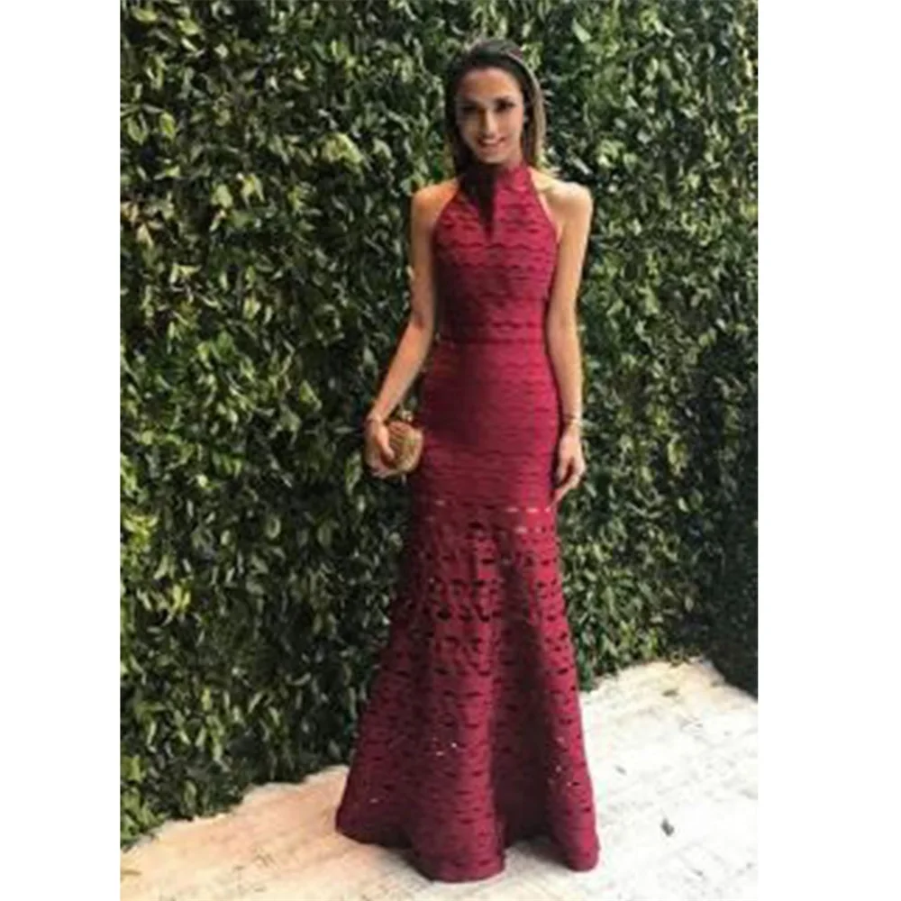 Длинное женское Бандажное платье с лямкой на шее модные винно красные