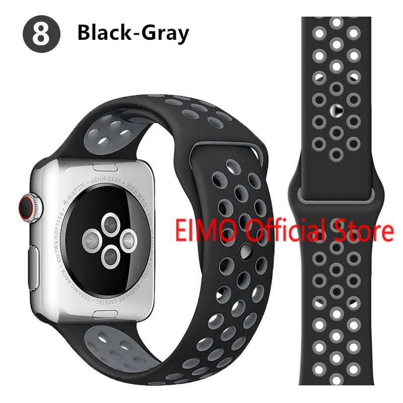 black gray 8 Ремешок для Apple Watch, 44 мм, 40 мм, 42 мм, 38 мм, iwatch series 5, 4, 3, 2, 1, спортивный силиконовый браслет, ремешок для часов, аксессуары для часов - Цвет ремешка: black gray 8