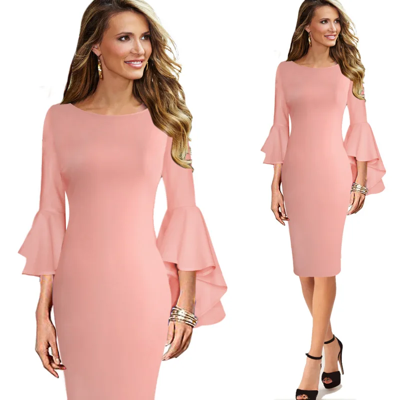 Pink Vfemage женское осеннее Элегантное Длинное расклешенное модное винтажное вечернее коктейльное облегающее платье-футляр с расклешенными рукавами 1703 - Цвет: Pink