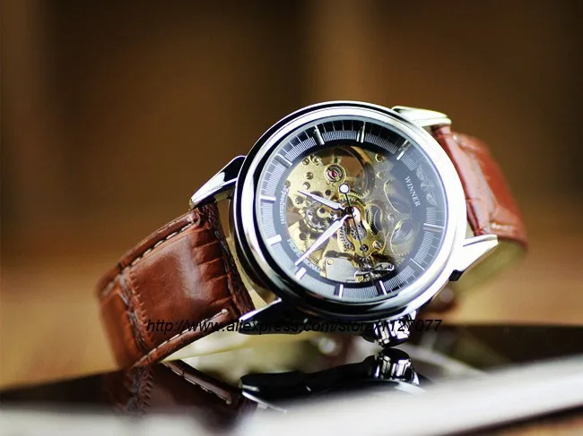 Мужские автоматические механические часы Winner коричневые кожаные простые с