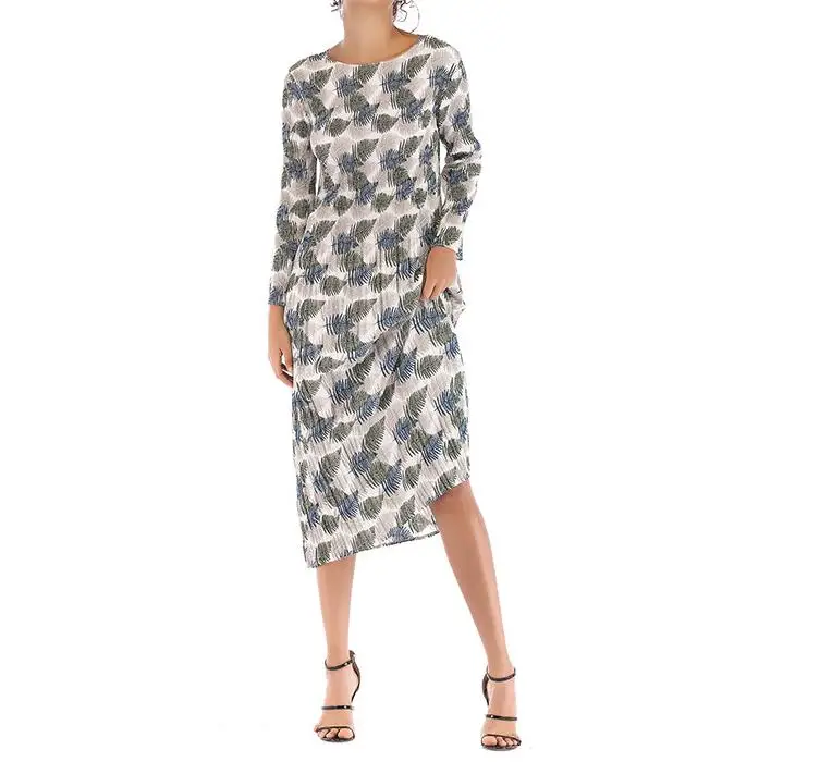 Женское платье средней длины с круглым вырезом высокой талией и длинным рукавом