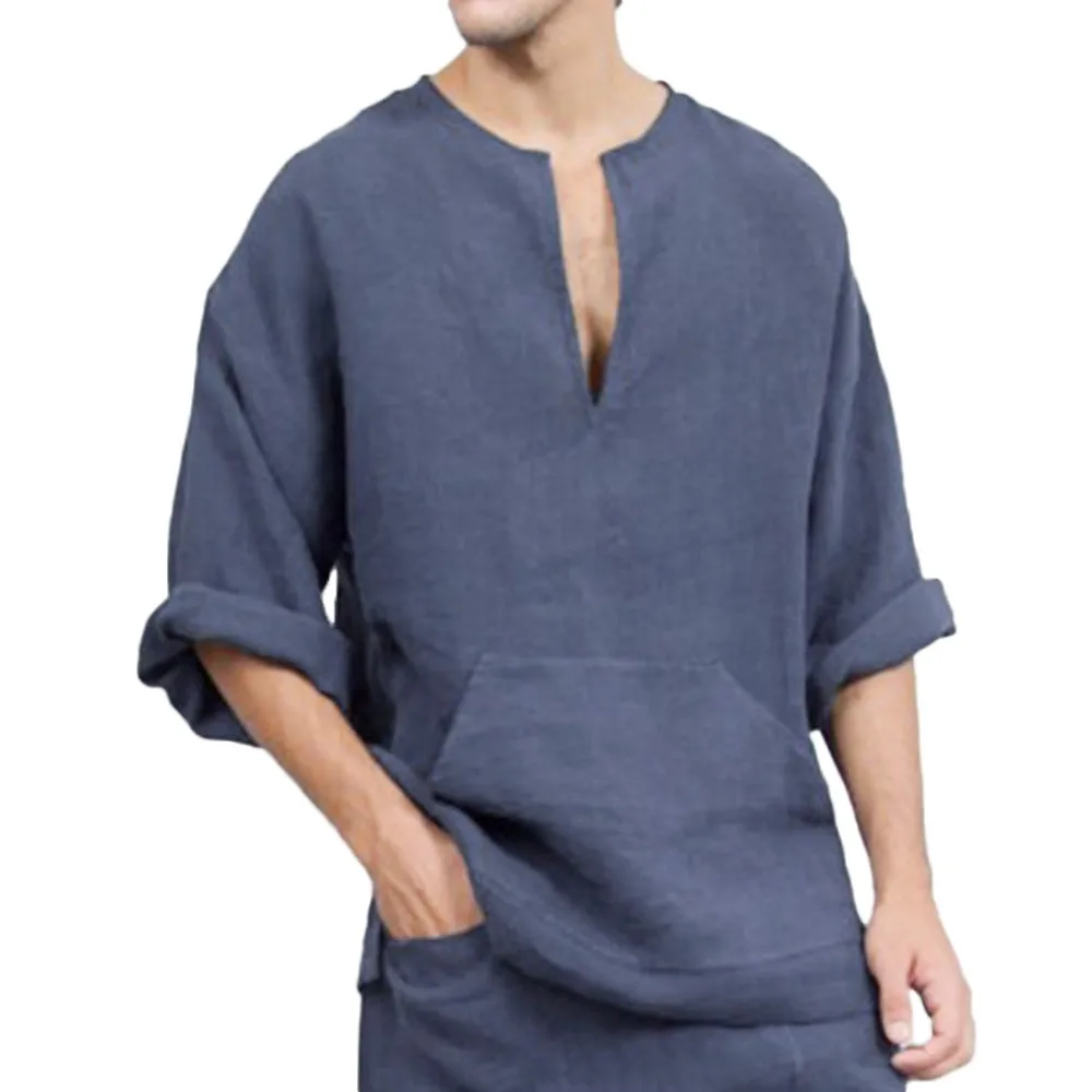 Новинка 2019 мужская хлопковая и льняная свободная футболка с длинными рукавами v