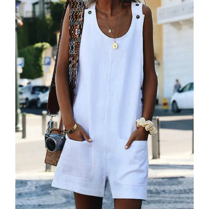 

Summer Solid Color Sleeveless Romper Jumpsuits Outfits Casual Homewear Women Loose Simple Style Playsuits Short Pants female