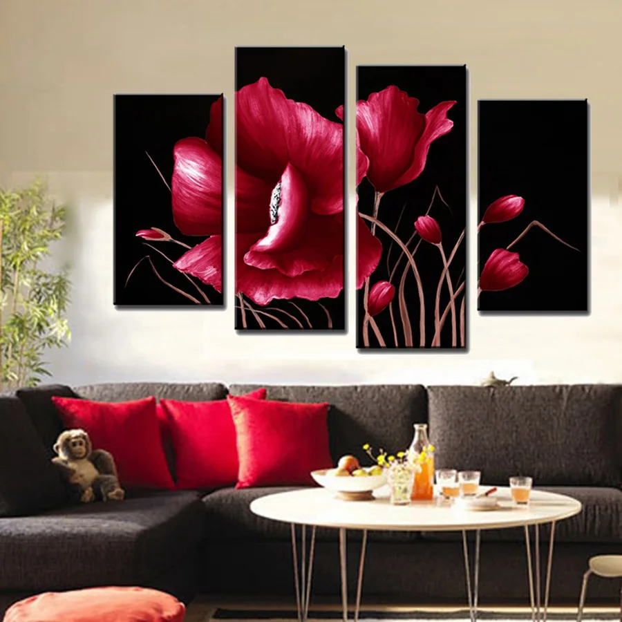 

HOTSALE Gig Flower Oil Art Painting Hand Painted Blomming Red Flower 4 pieces Combined Canvas Oil Paints Modern Home Wall Decor
