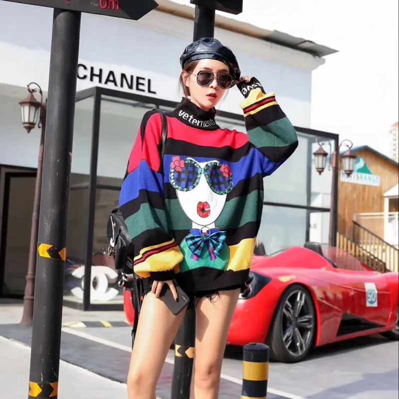 Женский трикотажный свитер Полосатый пуловер оверсайз с радужным узором высоким