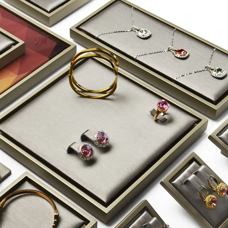 

FANXI High Quality Jewelry Display Set Champagne Brush Leather Ring Earring Pendant Necklace Display Stand Jewelry Organzier