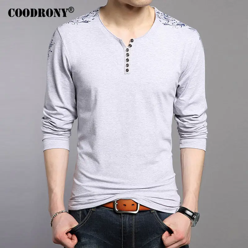 COODRONY, мужские футболки,, новинка, весна, осень, длинный рукав, футболка для мужчин, хлопок, воротник, футболка для мужчин, модный принт, топы, 7603 - Цвет: Серый