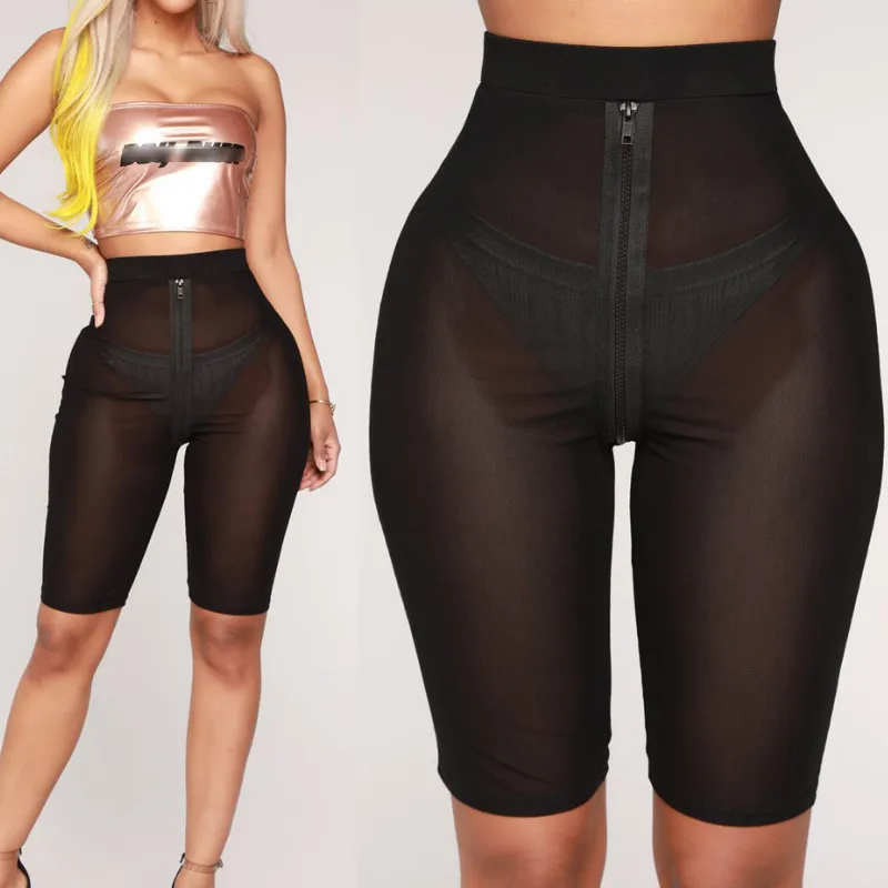 

Women Sheer Mesh Shorts Fishnet See Through Black Shorts Zipper High Waist Summer Womens