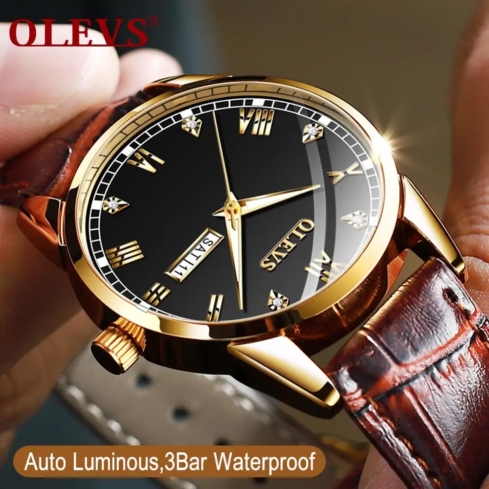 Мужские часы Топ бренд класса люкс OLEVS модные мужские кожаные кварцевые для