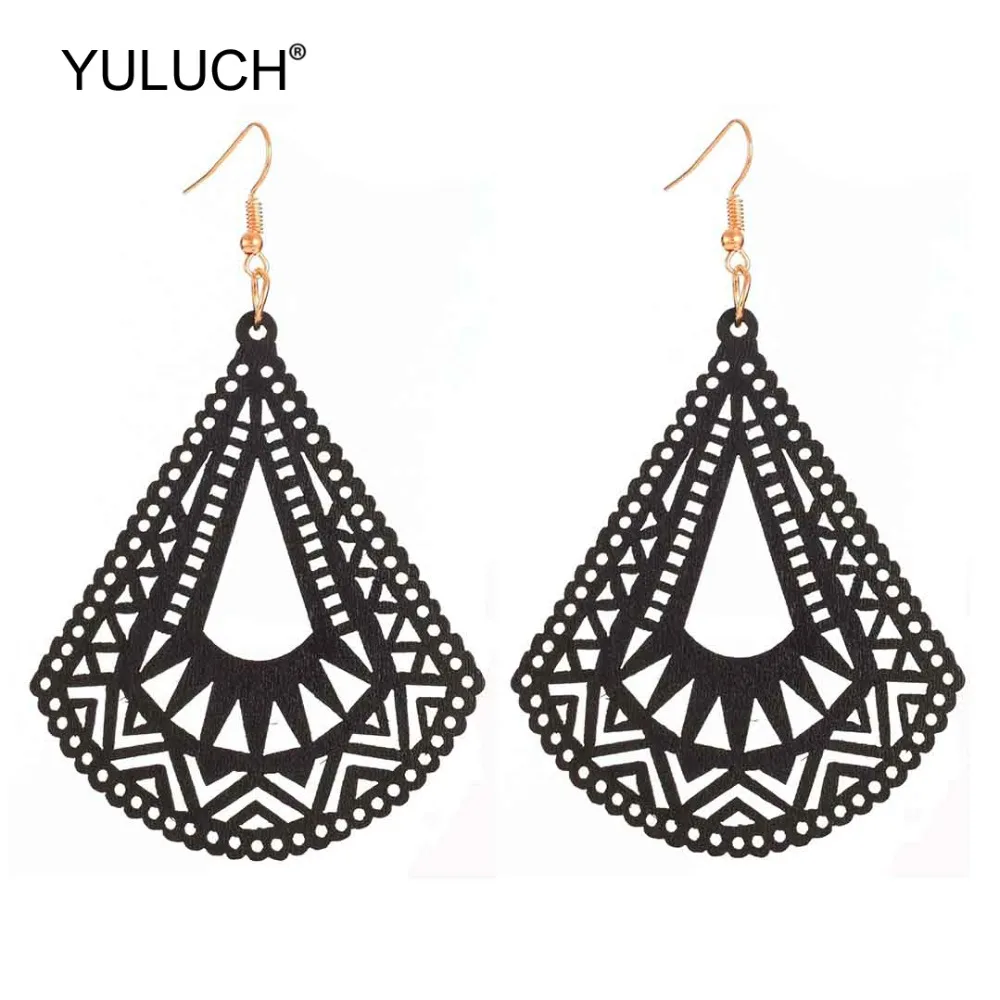 YULUCH 2019 этнические деревянные 4 цвета полые длинные Подвесные серьги Висячие