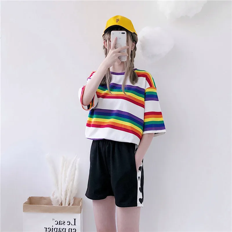 Свободная футболка в радужную полоску для девочек с принтом Love женские футболки