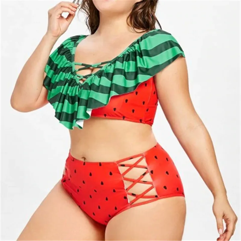 Купальник с принтом фруктов арбуза и оборками XXXL плюс размер купальники высокой