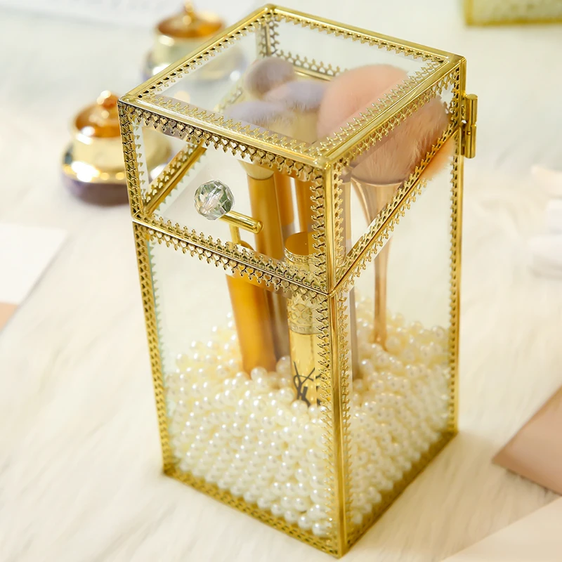 High Quality Gold Glass Makeup Tools Pen Brushes Box With Pearls Square Makeup Tools Storage Case Can Put Makeup Pen Brushes